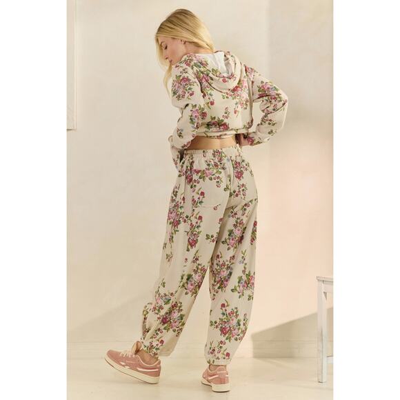 Veveret Size Small Beige Floral Printed French Terry Pants - Picture 7 of 11